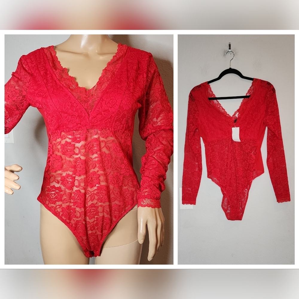 NWT H&M Red Lace Long Sleeve Sheer Bodysuit Size Large